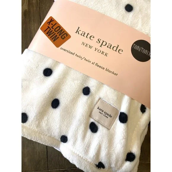 Kate Spade Fleece Blanket TWIN/ XL 68” X 92” HTF  White Black Polka Luxury NEW - Picture 2 of 5